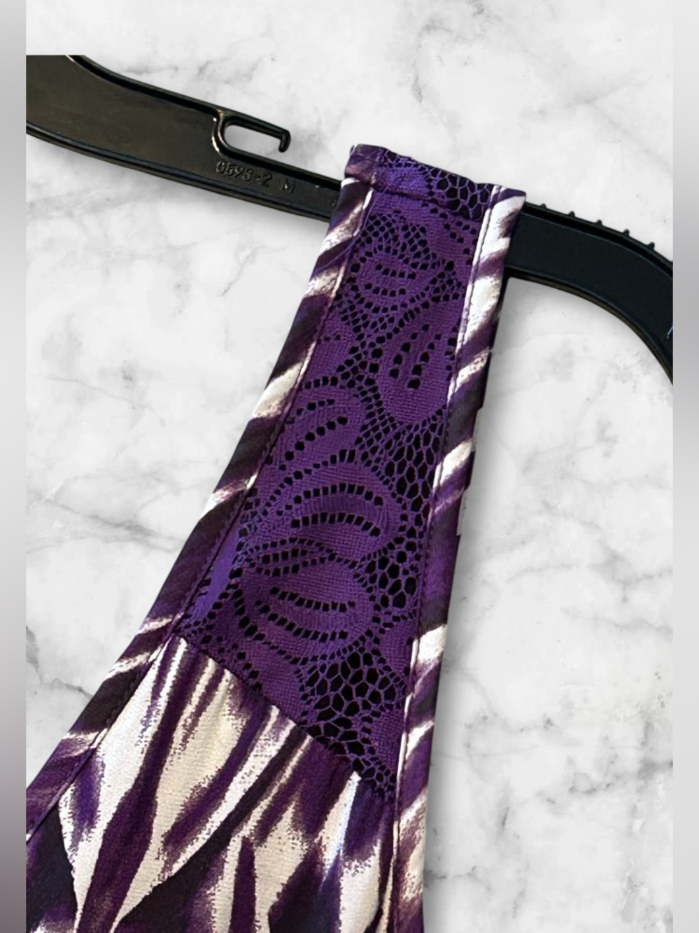 Express High-Low Maxi Dress Purple Ikat Print Lace Back Cutout V-Neck Size M - Picture 8 of 14